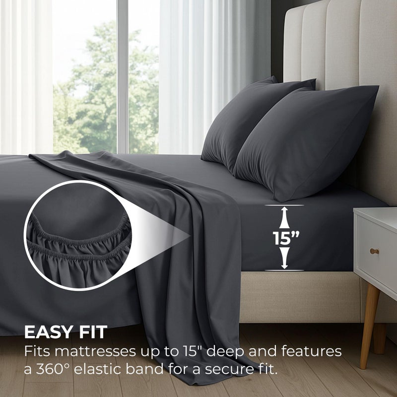 Pure Bedding Bed Sheets - Full Sheet Set [4-Piece, Dark Grey] - Hotel Luxury 1800 Brushed Microfiber - Soft and Breathable - Deep Pocket Fitted Sheet, Flat Sheet, Pillow Cases - Image 2